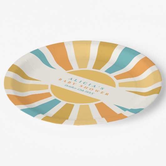 Die sonnengelbe Babydusche kommt hier. Pappteller (Schrägansicht)