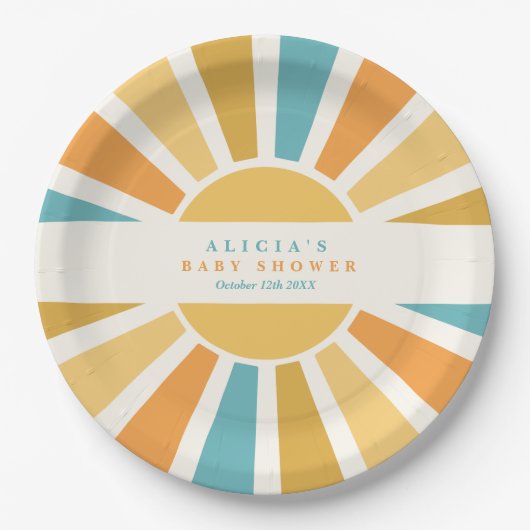 Die sonnengelbe Babydusche kommt hier. Pappteller (Vorderseite)