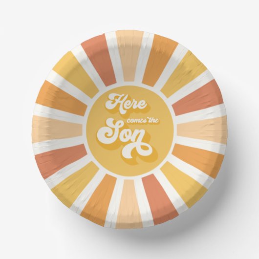 Die sonnengelbe Babydusche kommt hier. Pappteller (Vorderseite)