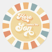 Die sonnengelbe Babydusche kommt hier. Runder Aufkleber (Vorderseite)