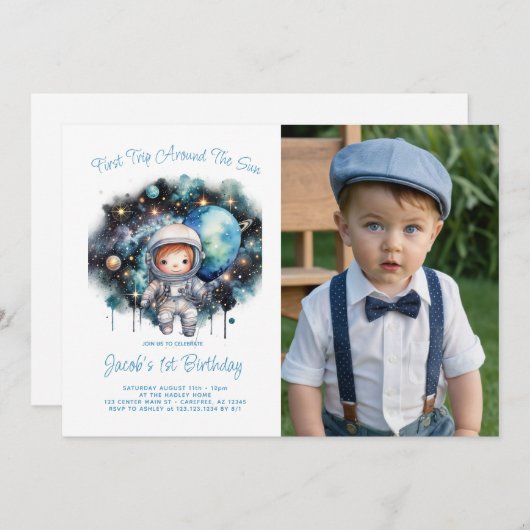 Die sonnige erste Reise um die Sonne - Jungs 1. Ge Einladung (Vorne/Hinten)