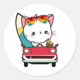 Die sonnige weiße Katze fährt zum Strand Runder Aufkleber