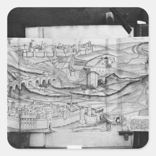 Die Stadt und das Dorf Carcassonne, 1462 Quadratischer Aufkleber (Vorderseite)