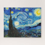 Die Sternennacht von Vincent Van Gogh Puzzle<br><div class="desc">Das Gemälde wird von einem Sternenhimmel beherrscht. Es nimmt drei Viertel des Flugzeug ein und erscheint turbulent, sogar aufgeregt, mit stark wirbelnden Mustern, die wie Wellen über die Oberfläche rollen. Es ist von hellen Orben umgeben - darunter der Halbmond ganz rechts und die Venus, der Morgenstern, links von Mitte -...</div>