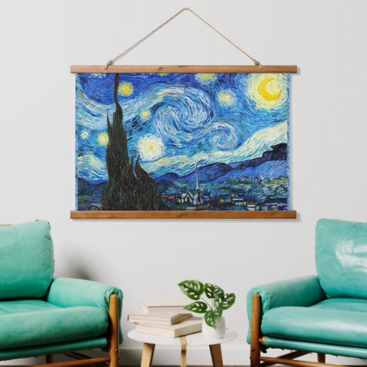 Die Sternennacht von Vincent Van Gogh Wandteppich Mit Holzrahmen (Wohnzimmer)