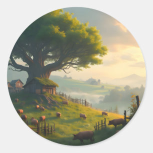 Die stille Farm – Farmhouse-Landschaft Classic Rou Runder Aufkleber
