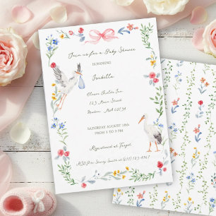 Die Storch-Erbstück-Rose- und Band-Baby-Party Einladung