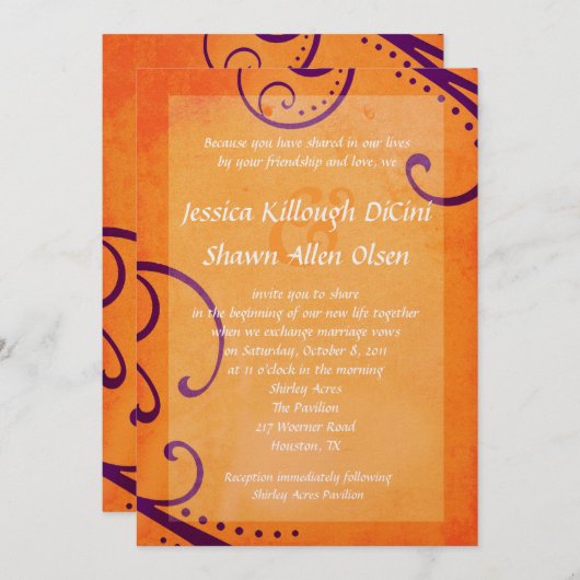 Die strukturierte Orange mit Pflaumen-Wirbel Einladung (Vorne/Hinten)