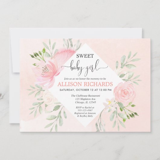 Die süße Blumen Babydusche erröten rosa Grün Einladung (Vorderseite)