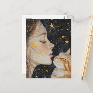 Die süße rote Katze und eine Frau Postkarte