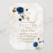 Die Taufe der Luxus Navy Blue Gold Blumenkreuz Einladung (Vorne/Hinten)