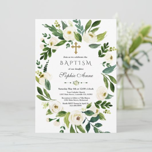 Die Taufe der modernen weißen Blumen Einladung (Stehend Vorderseite)