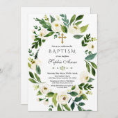 Die Taufe der modernen weißen Blumen Einladung (Vorne/Hinten)