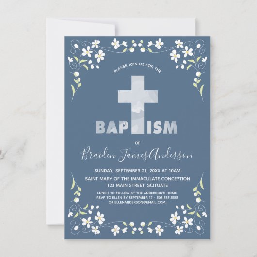 Die Taufe des Jungen - Blau, Wasserfarben-Kreuz Einladung (Vorderseite)