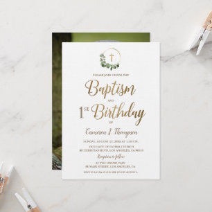 Die Taufe zum ersten Geburtstag Foto Wreath Gold C Einladung