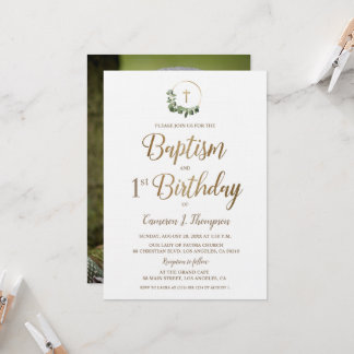 Die Taufe zum ersten Geburtstag Foto Wreath Gold C Einladung