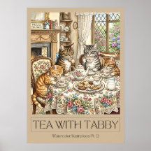 "Die Teeparty der Katze" Wasserfarben-Kunstposter