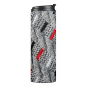 die Textur des Strickstoffes mit gestreiftem p Thermosbecher (Nach links gedreht)