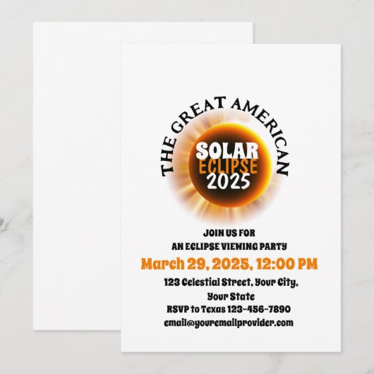 Die Total Solar Eclipse 3/29/2025 USA Einladung (Vorne/Hinten)