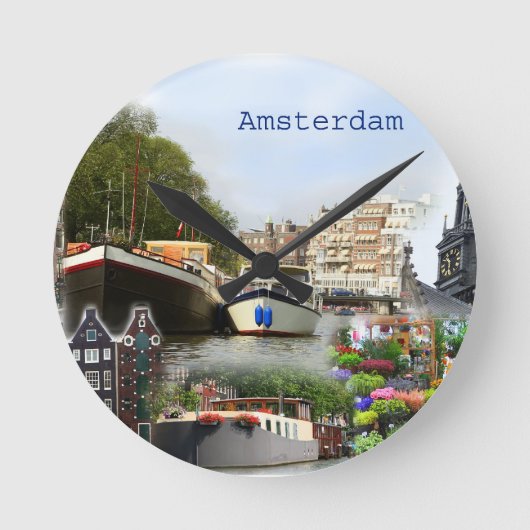 Die touristischen Sehenswürdigkeiten von Amsterdam Runde Wanduhr (Vorderseite)