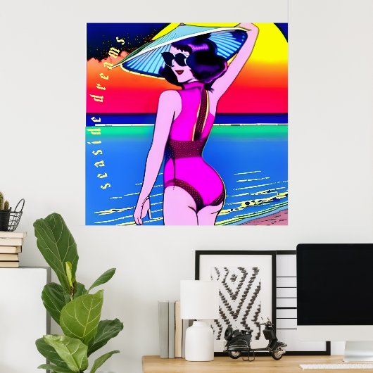 Die Träume am Meer. Mädchen mit chinesischem Hut. Poster (Heimbüro)