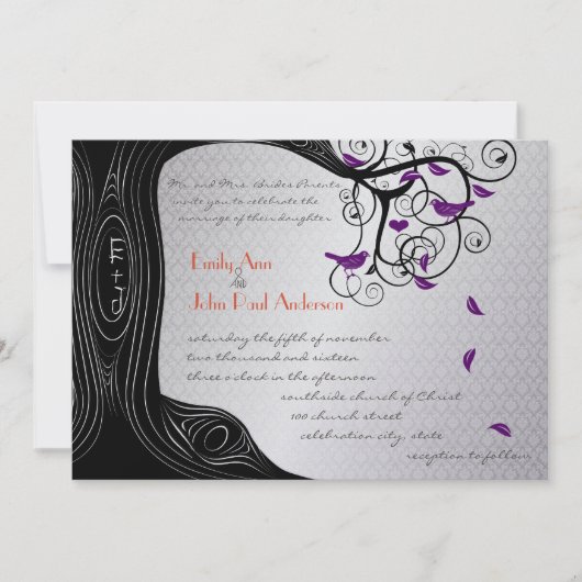 Die Tree Silver Lila Bird Wedding Einladung (Vorderseite)