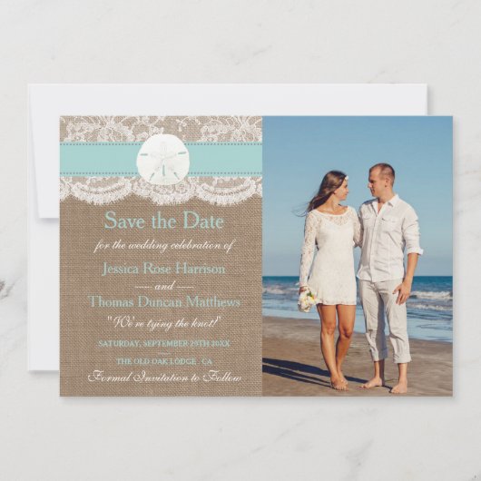 Die türkisfarbene Sand Dollar Beach Hochzeitskolle Save The Date (Vorderseite)