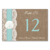 Die türkisfarbene Sand Dollar Beach Hochzeitskolle Tischnummer (Rückseite)