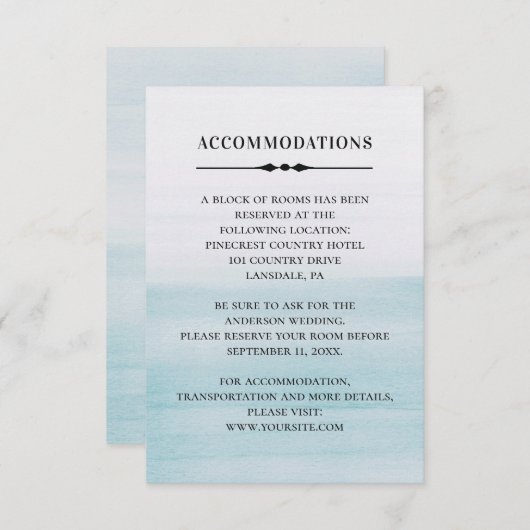 Die Unterkünfte in Aquarellblau. Angaben zur Hochz Begleitkarte (Vorne/Hinten)