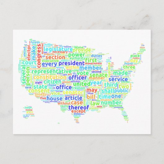 Die US-Verfassung - Word Cloud Map über den weißen Postkarte (Vorderseite)