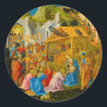Die Verehrung des Magi-Krippenstickers Runder Aufkleber<br><div class="desc">Die Bewunderung der Magi entstand zwischen 1450 und 1460 von Fra Angelico und Fra Filippo Lippi. Die meisten Kunsthistoriker glauben, dass das meiste Werk von Fra Filippo Lippi, einem italienischen Maler, gemalt wurde und später von anderen Maler hinzugefügt wurde. Es handelt sich um ein Rundwerk, das damals für einheimische religiöse...</div>
