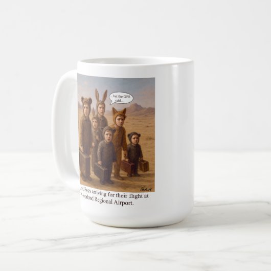 Die verlorenen Jungen, die für ihren Flug ankommen Kaffeetasse (Vorderseite Links)