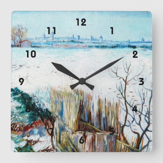 Die verschneite Landschaft mit den Arlen im Hinter Quadratische Wanduhr (Vorderseite)