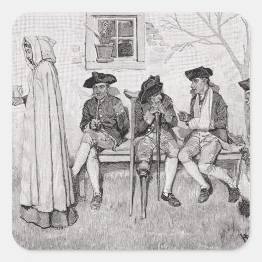 Die verwundeten Soldaten saßen an der Mauer. Quadratischer Aufkleber (Vorderseite)