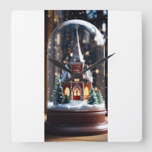 "Die verzauberte Winterkirche in einer Schneeglobe Quadratische Wanduhr