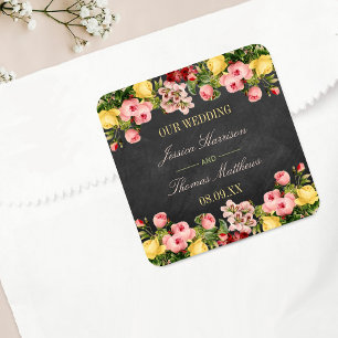 Die Vintage-Blumen-Kreidetafel-Hochzeit-Kollektion Quadratischer Aufkleber