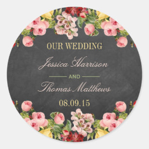 Die Vintage-Blumen-Kreidetafel-Hochzeit-Kollektion Runder Aufkleber
