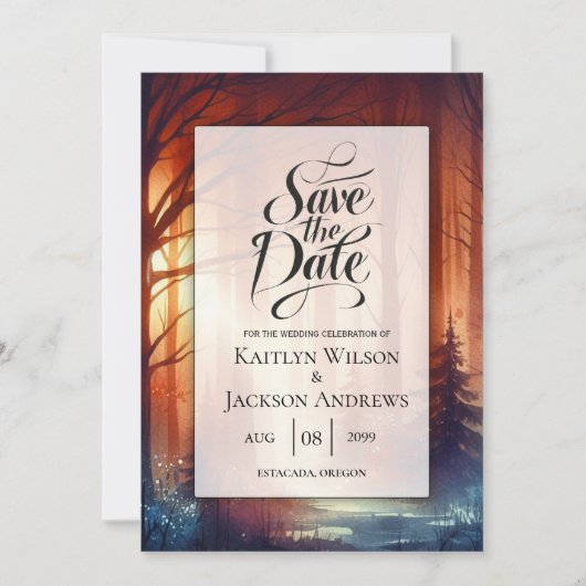 Die Waldzauber-Hochzeit mit fallenden Blättern Save The Date (Vorderseite)