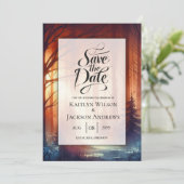 Die Waldzauber-Hochzeit mit fallenden Blättern Save The Date (Stehend Vorderseite)