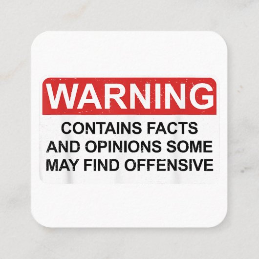 Die Warnung enthält Fakten und Meinungen, die eini Quadratische Visitenkarte (Rückseite)