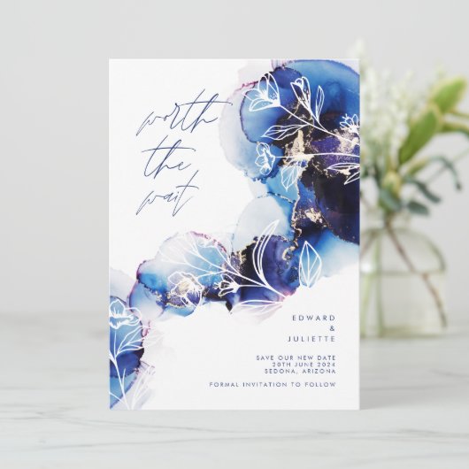 Die wartende Wasserfarbe Agate Indigotink Blüte Save The Date (Stehend Vorderseite)