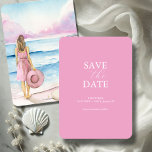 Die Wasserfarbe des Strandes rettet die Daten Save The Date<br><div class="desc">Melden Sie Ihre Veranstaltung mit dieser nicht-Foto-Save the Date Karte an. Es bietet einen Mix aus klassischer und Skripttypografie in Weiß auf einem soliden rosa Hintergrund. Die Karte kehrt in eine Aquarellbäder-Szene zurück, bei der eine von der Küste stehende Frau einen Strand mit einem Ozean hält. Verwenden Sie die Vorlagenfelder,...</div>