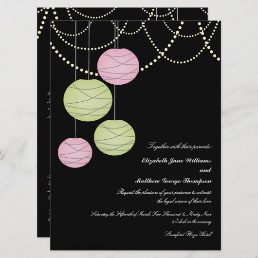 die Wedding 6x8 rosa u. Grünbuch-Laternen laden Einladung (Vorne/Hinten)