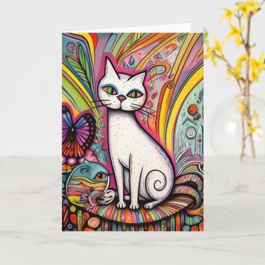 Die weiße Katze Karte (Gelbe Blume)