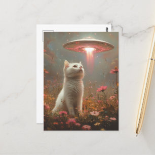 Die weiße Katze und das UFO Postkarte