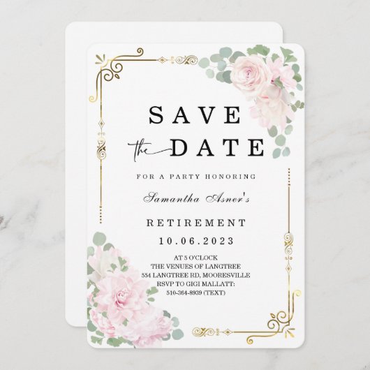 Die weiße Rose speichert das Datum des Ruhestands Einladung (Vorne/Hinten)