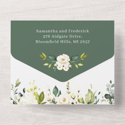 Die weiße Rosengrün verrät alles in einem All In One Einladung (Rückseite)