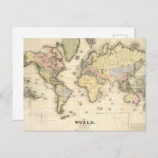 Die Welt über die Projektion von Mercator | 1840 Postkarte (Vorne/Hinten)