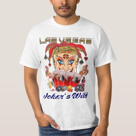 Die wilde Ansicht-großes Bild Vegas-Jokers unten T-Shirt (Vorderseite)