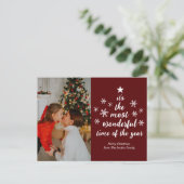 Die wunderbarste Zeit des Jahres Rotes Skript-Foto Feiertagspostkarte (Stehend Vorderseite)